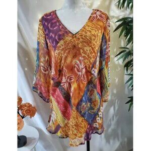Vtg Avenue 100% Silk Embellished Sequin Tunic Blouse Plus Size 22/24 Boho Artsy